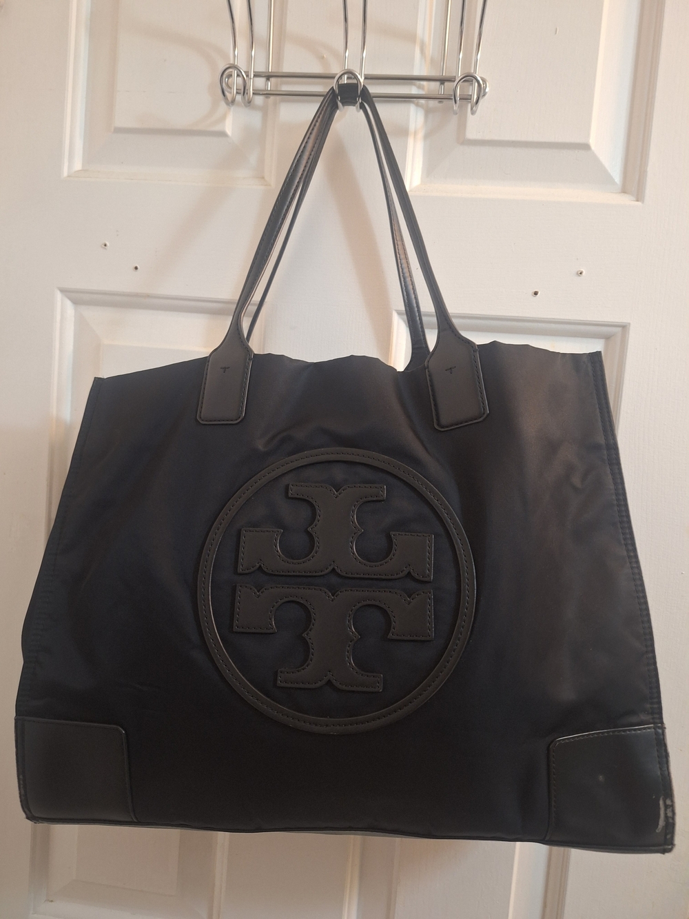 Tory Burch Black Nylon Logo Tote Bag Leather Trim